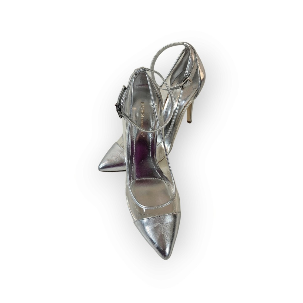 BCBG Cynthia Heels Size 9 Silver Stiletto Clear PVC Sides Adjustable Cap Toe